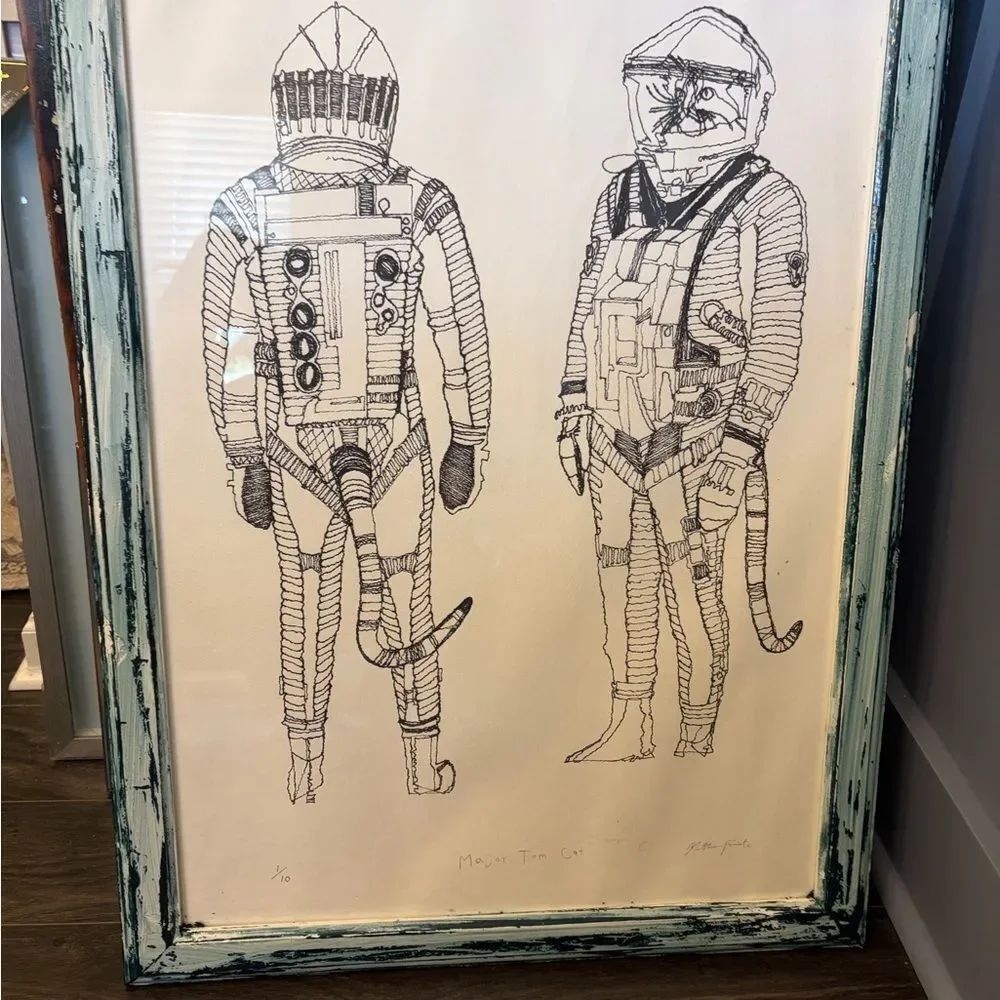 Framed “Major Tom Cat” Astronaut fine line Sketch Art in distressed 16 x 20